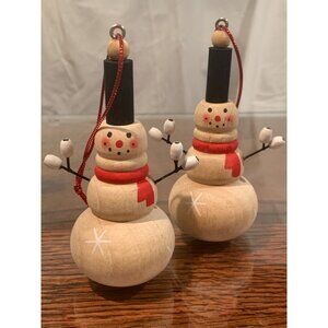 2 PC Wood Snowman Christmas Ornaments Red Scarf Black Hat 4.5”